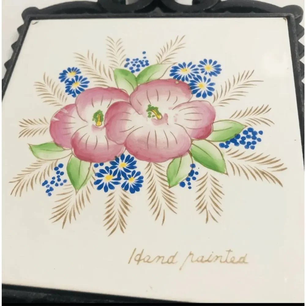 Vintage Cast Iron Floral Ceramic Tile Trivet Hand Painted Pink Blue Flowers 9.5
